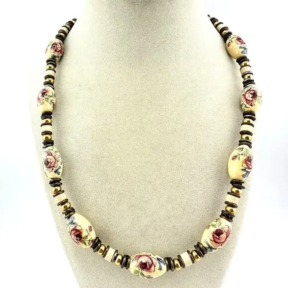 Vintage Glass Rose Transfer Gold Tone Beaded Romantic Sweet 20” Necklace - Picture 1 of 6